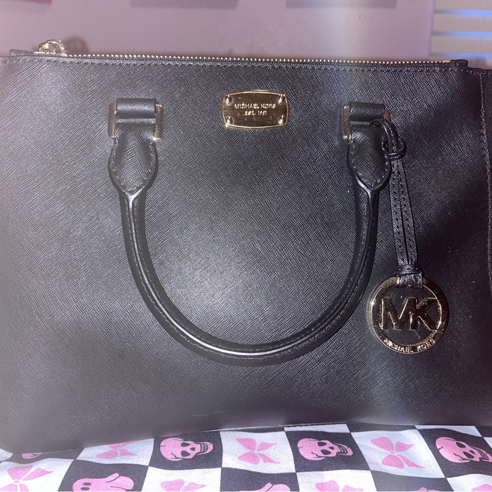 Michael Kors Black Satchel with Structured Design and Gold Hardware